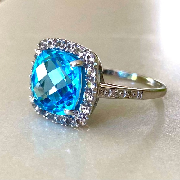 BRAND NEW Swiss Blue Topaz Diamond Halo Ring, 10k White Gold, Sz 6 - Picture 5 of 10